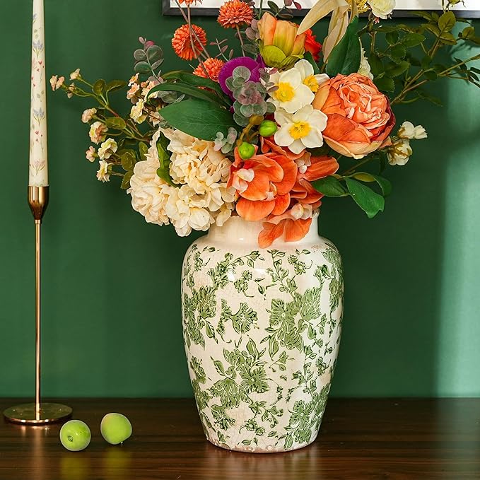 Sungmor Ceramic Flower Vase, Vintage Ice Cracked Glaze Porcelain Vase, Pretty Home Decor Vase for Flower Arrangement, Fresh Flowers, 10.2 Inch Tall Chinoiserie Pottery Vase, Green Floral Pattern-VerdiqueGarden