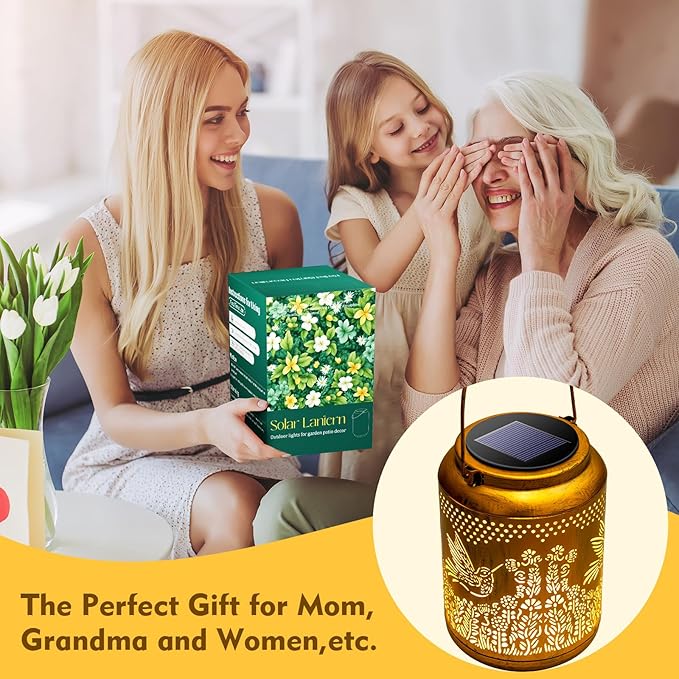 Hyrion Hummingbird Solar Lanterns Outdoor Waterproof Metal Hanging Lights, Garden Decor Gifts for Women, Mom, Grandma Solar Decorations for Yard, Patio, Backyard, Porch, Lawn, Tabletop, Walkway-VerdiqueGarden