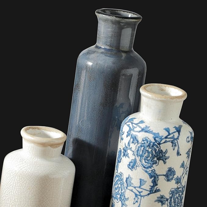 Ceramic Vintage Vases Set of 3, Blue and White Flower Decorative Vase Chinoiserie Decor Rustic Farmhouse Retro Floral Vases for Table Bookshelf Mantel Kitchen Living Room Office-VerdiqueGarden