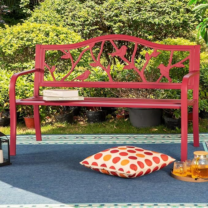 PHI VILLA Outdoor Patio 50" Metal Park Bench Red, Steel Frame Bench with Backrest and Armrests for Porch, Patio, Garden, Lawn, Balcony, Red Bird-VerdiqueGarden