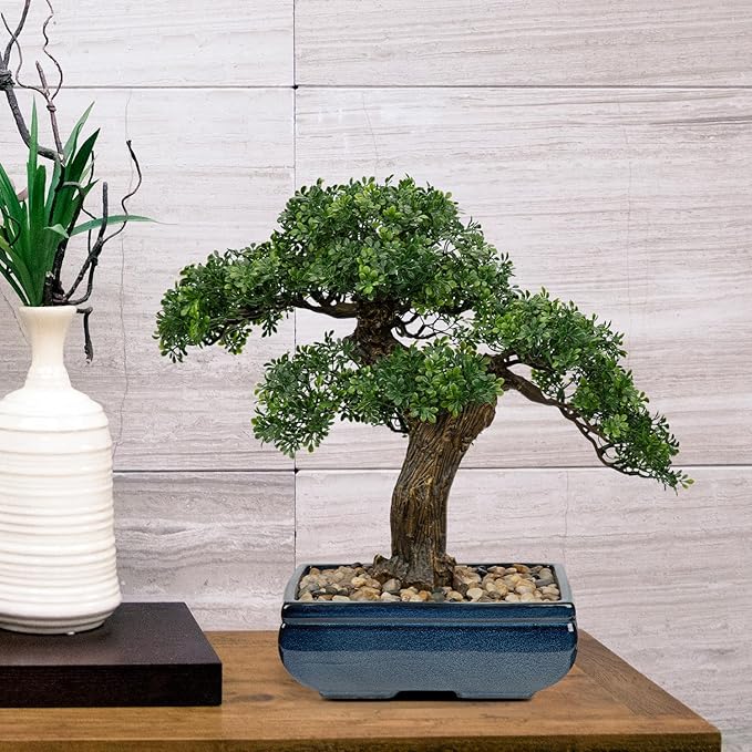Artificial Bonsai Tree Juniper Faux Plants Indoor Fake Plants Decor with Blue Square Ceramic Pots for Home Table Office Desk Bathroom Shelf Bedroom Living Room Farmhouse Decorations-VerdiqueGarden