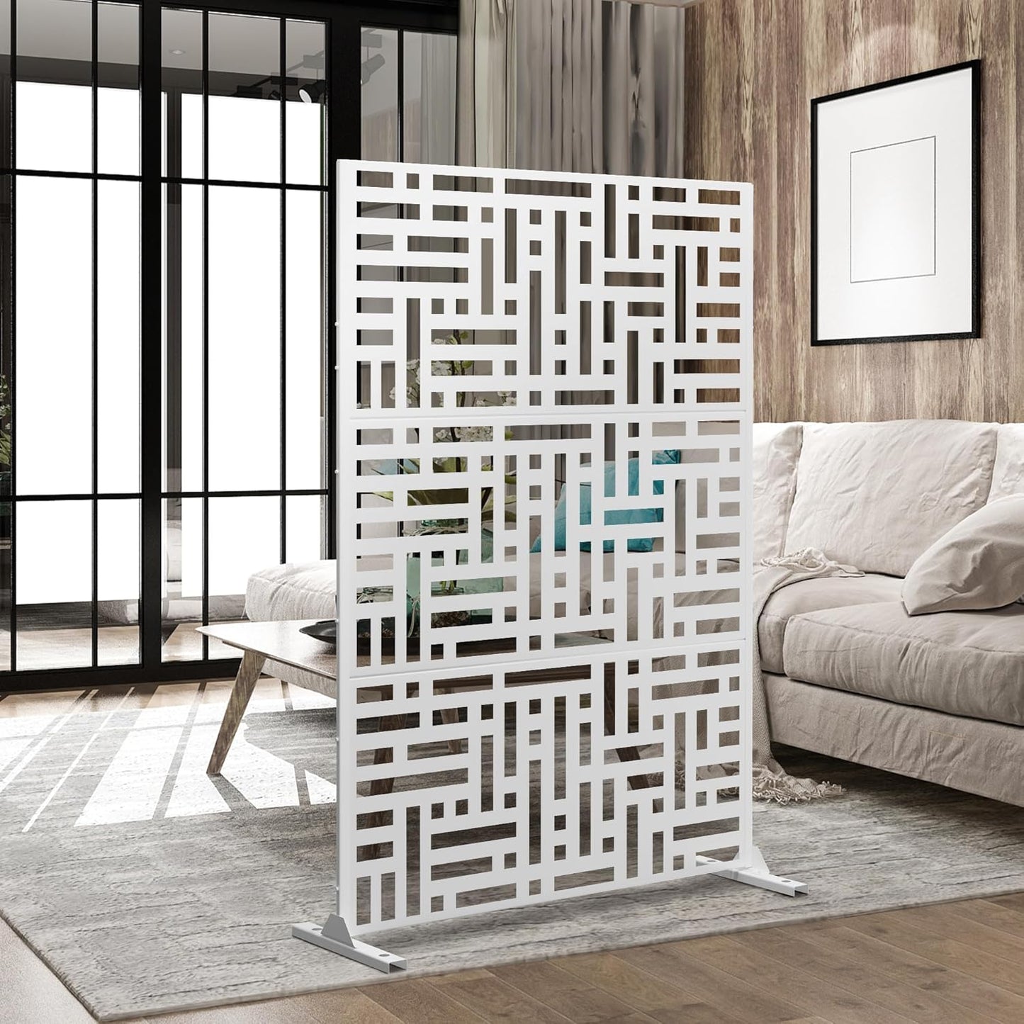 Metal Privacy Screen Outdoor 72" H×47" W,Freestanding Decorative Privacy Screen for Balcony Yard&Garden,Privacy Fence-White&Street-VerdiqueGarden