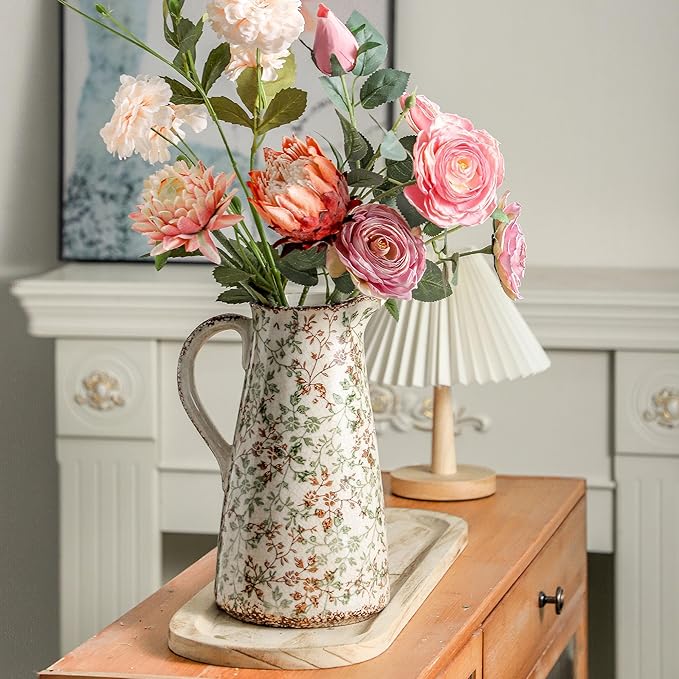 Enra Pitcher vase with Handle,12.2 in Ceramic Vintage Chinoiserie Floral Vase,Green and Beige Decorative Flower vase,Large Rustic Vases for Home Decors, Living Room, Bookshelf, Office-VerdiqueGarden