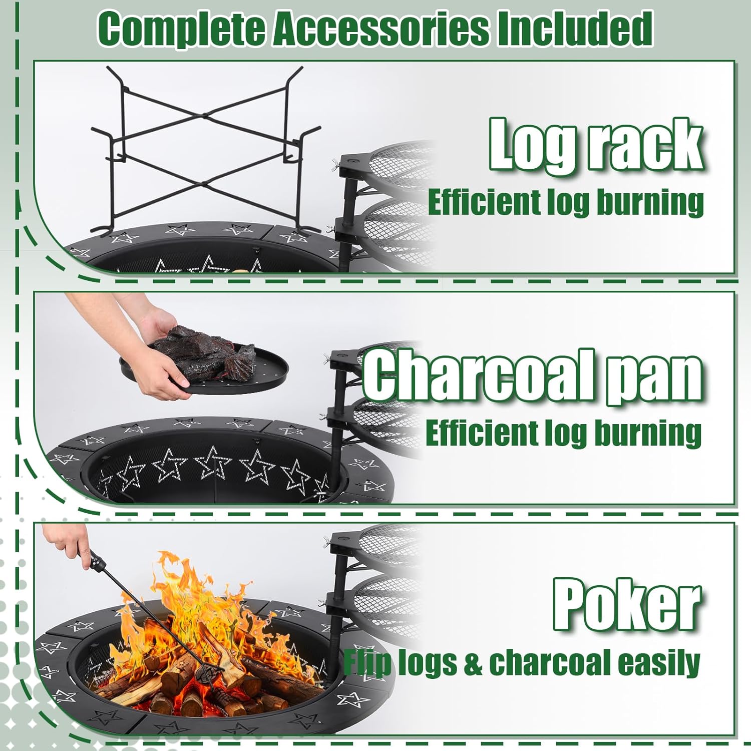 32.5" 3-in-1 Fire Pit Table with Dual Grills – Wood Burning Firepit for Outside Cooking, BBQ Grate & Round Patio Table – Includes Charcoal Pan, Log Rack,Poker & Lid for Backyard, Garden-VerdiqueGarden