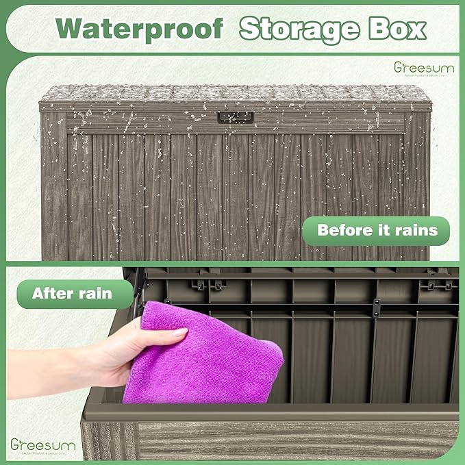 Greesum 120 Gallon Outdoor Storage Box with Lock - Large Resin Deck Box, Reinforced Lid for Garden, Patio, Lawn, Coffee-VerdiqueGarden