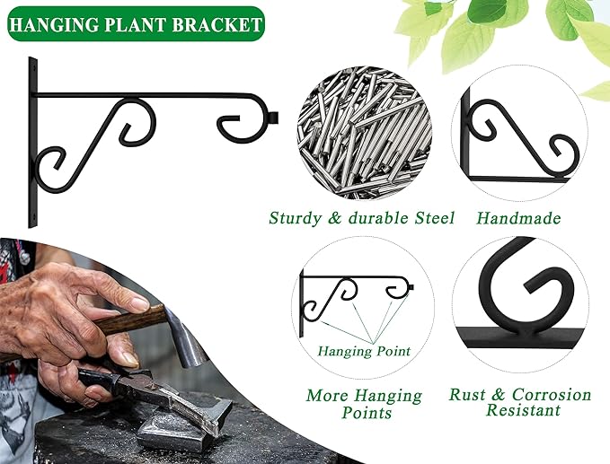 Hanging Plant Hanger 4Pcs Plant Hanger Wall Hooks,6in Metal Plant Bracket Hook for Outdoor or Indoor Hanging Flower Baskets,Wind Chimes,Solar Lanterns-VerdiqueGarden