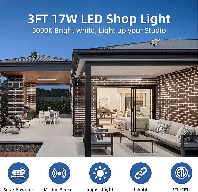 hykolity Solar Powered Shop Light with Motion Sensor, 3FT 17W (100-Watt Equivalent),Integrated LED IP65 Waterproof Outdoor Motion Sensor Shop Light for Garage, Barn, House - 2 Pack-VerdiqueGarden