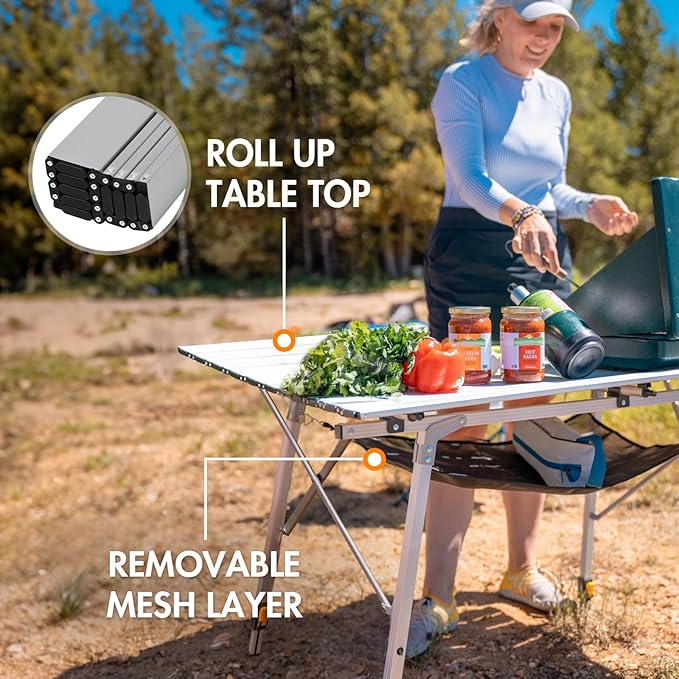 PORTAL Camping Table Portable Foldable with Adjustable Legs, Aluminum Folding Table Roll Up Table with Carrying Bag for Outdoor, Beach, Picnic, Backyards, BBQ and Party, Silver, Big-VerdiqueGarden