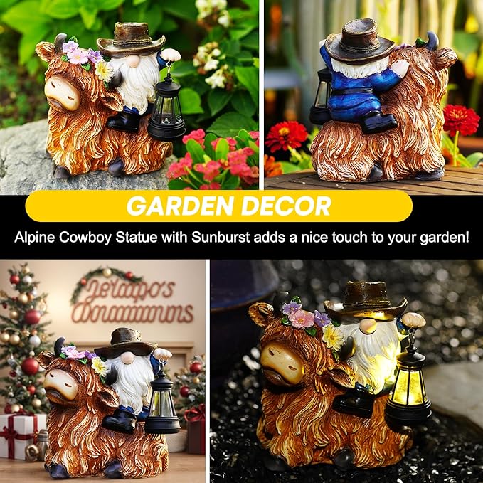 Solar Highland Cow Gnome Garden Decorative Statue - Detachable Lantern - Outdoor Fun Decoration, Suitable for Patio, Back Porch, Table Ornaments, Unique Housewarming, Birthday Gifts for Women, Mom-VerdiqueGarden