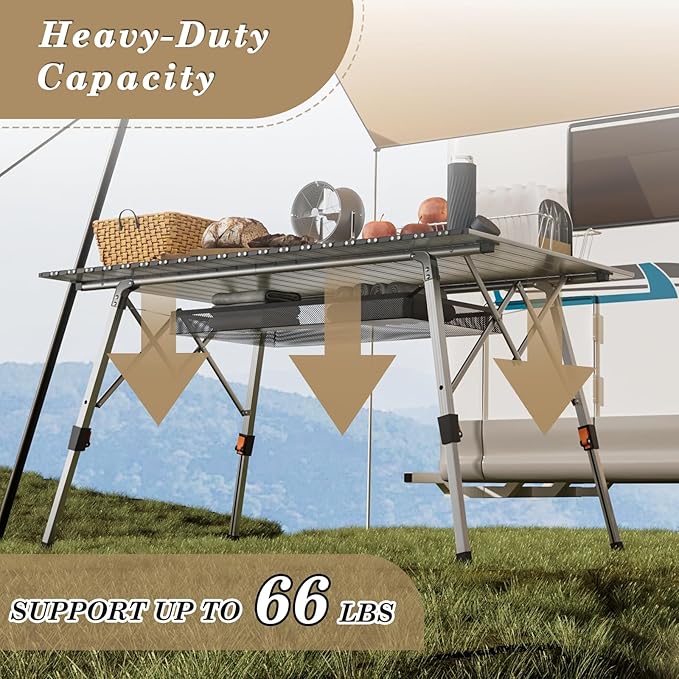 Athena Collection Foldable Camping Table, 47" Aluminum Outdoor Folding Camp Table with Mesh Layer Telescopic Legs and Carry Bag, Lightweight and Portable for Outdoor Camping Picnic Grilling, Silver-VerdiqueGarden
