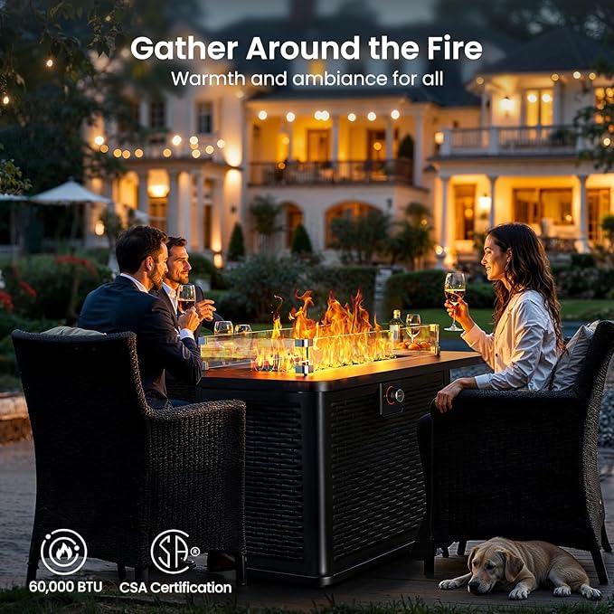 Ciays 43-Inch Rectangular Propane Fire Pit with 60,000 BTU Output, Fire Pit Table Premium Gas for Outside Patio with 304 Stainless Steel H-Burner, Glass Stones, and Wind Guard,Black-VerdiqueGarden