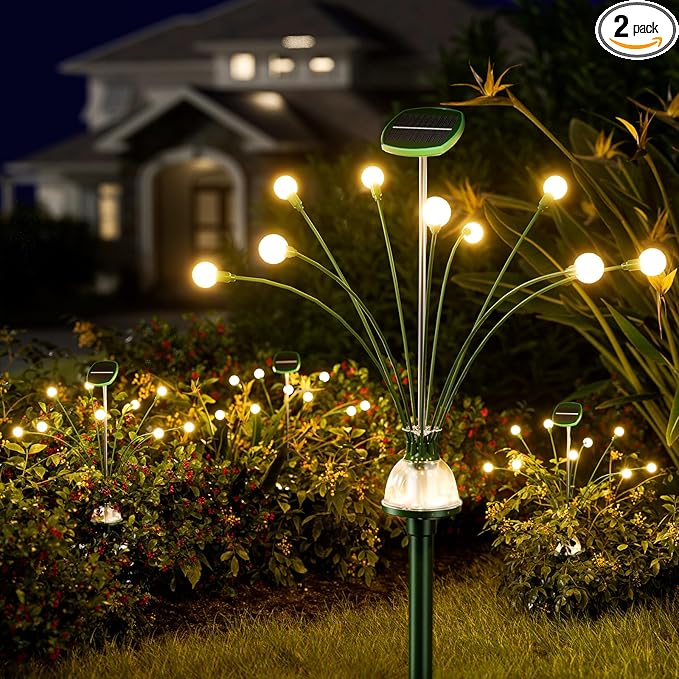 HIGH Power Solar Garden Lights Outdoor, 2 Pack 18 LED Solar Firefly Lights Fairy Swaying by Wind for Outside, IP67 Waterproof, for Patio Garden Yard Walkway Sidewalk, Green-VerdiqueGarden