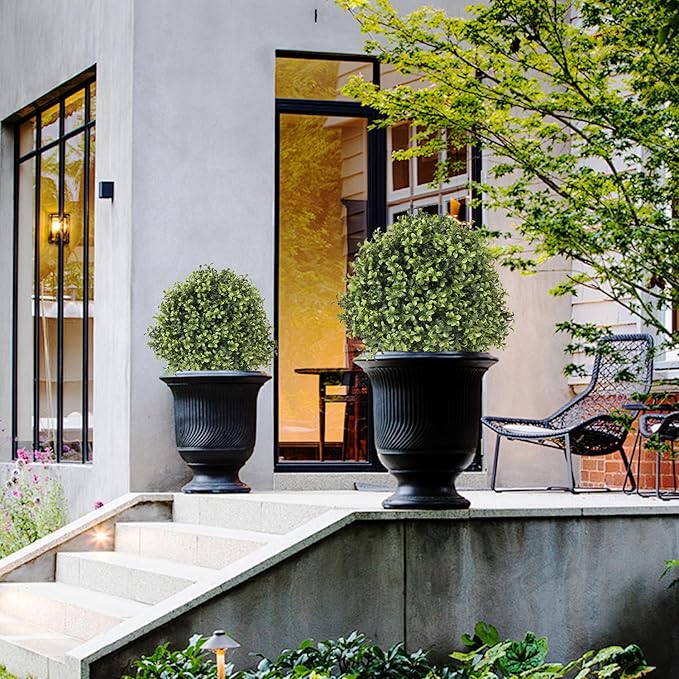 THE BLOOM TIMES 2ft Faux Boxwood Plants Outdoor Set of 2, Topiary Balls Artificial Outside Trees, 24" UV Resistant Fake Greenery Bushes & Shrubs for Front Porch Planter-VerdiqueGarden