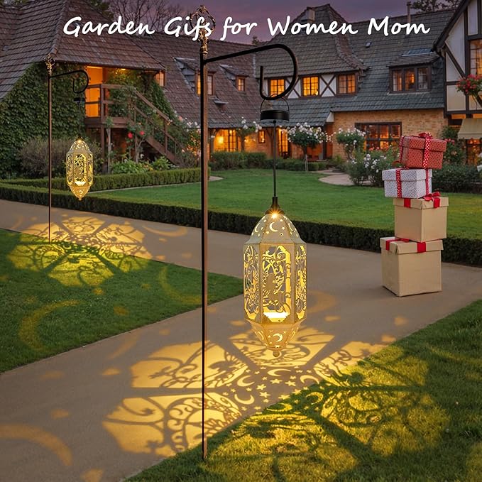 Outdoor Solar Lanterns Waterproof Fairy Moon Garden Gifts for Women Mom12.4‘’ Metal Garden Lanterns Hanging Light for Patio Backyard Decorations, Mothers Day Birthday Gifts (Gold White,2Pack)-VerdiqueGarden