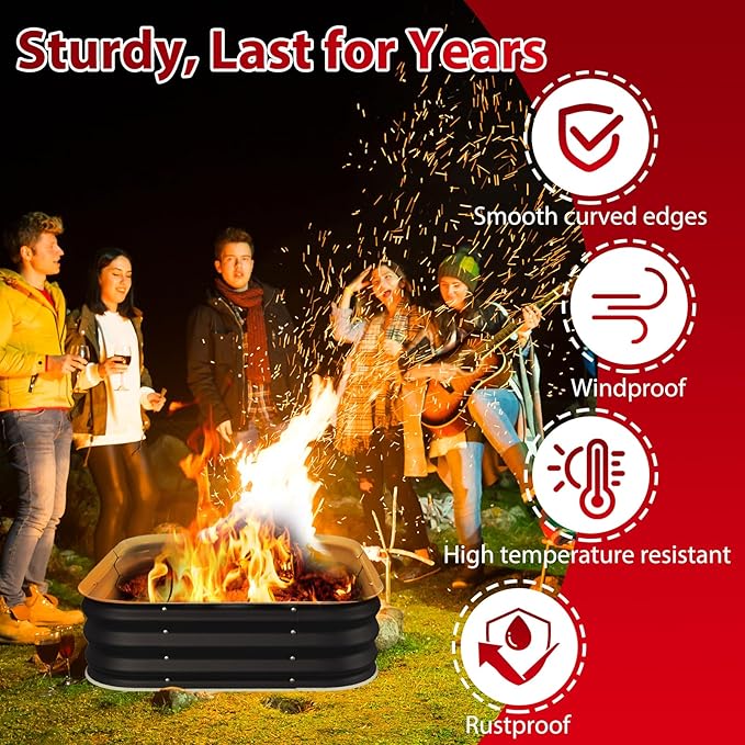 Fire Pit 48 Inch, Square Galvanized Steel Fire Pit for Outside, Heavy Duty Steel Fire Pit In-Ground for Backyard, Camping, Bonfire, Flower Raised Garden Bed for Garden, 11 Inch High-VerdiqueGarden