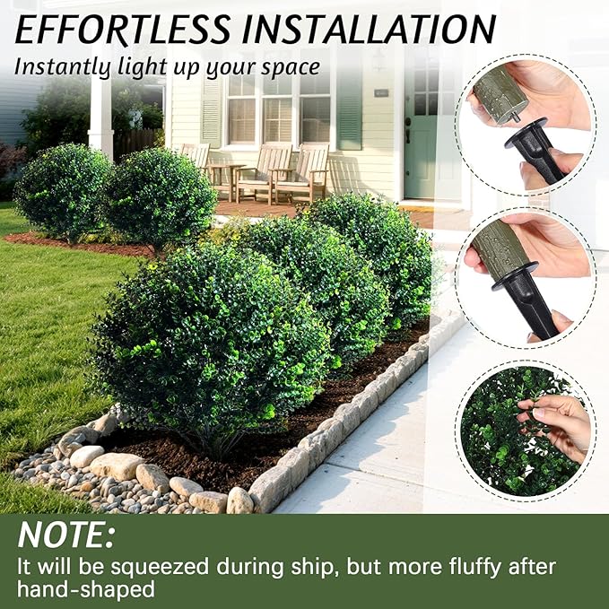 Yunlly 2 Pcs 18 Inch Artificial Boxwood Ball Topiary Tree Fake Outdoor Plants Bush, UV Resistance Faux Shrubs with Spike Realistic Greenery Potted for Indoor Garden Yard Porch Patio Decor (Dark Green)-VerdiqueGarden