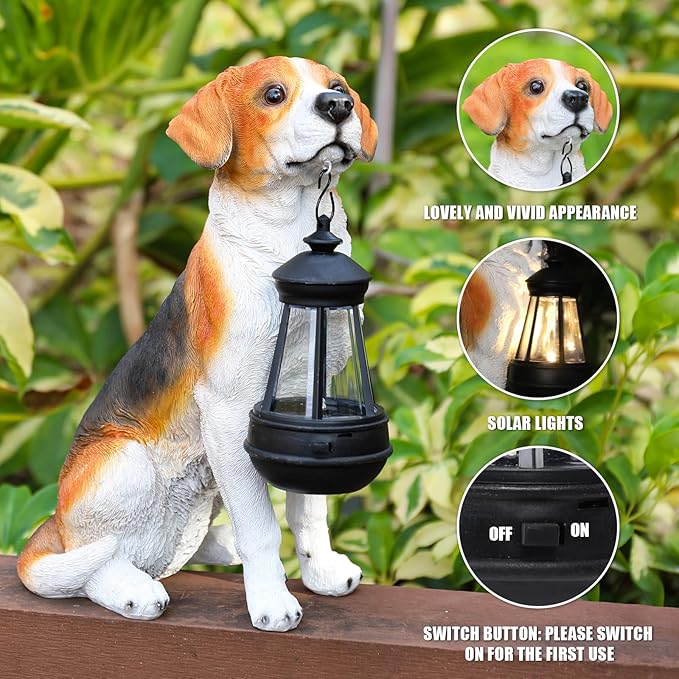 Garden Dog Statues Outdoor Decor, Solar Lights Outdoor Beagle Dog Statue Garden Decorations Solar Dog Ornaments for Patio, Lawn, Yard Art Decoration, Housewarming Garden Gift-VerdiqueGarden