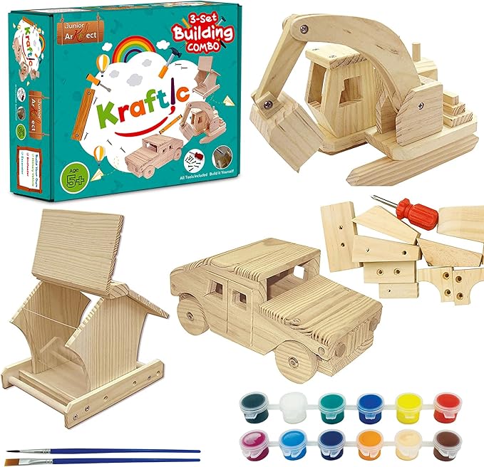 Kraftic Woodworking Building Kit for Kids and Adults, 3 Educational DIY Carpentry Construction Wood Model Kit STEM Toy Projects for Boys and Girls - Wooden Military Vehicle, Excavator and Bird-Feeder-VerdiqueGarden