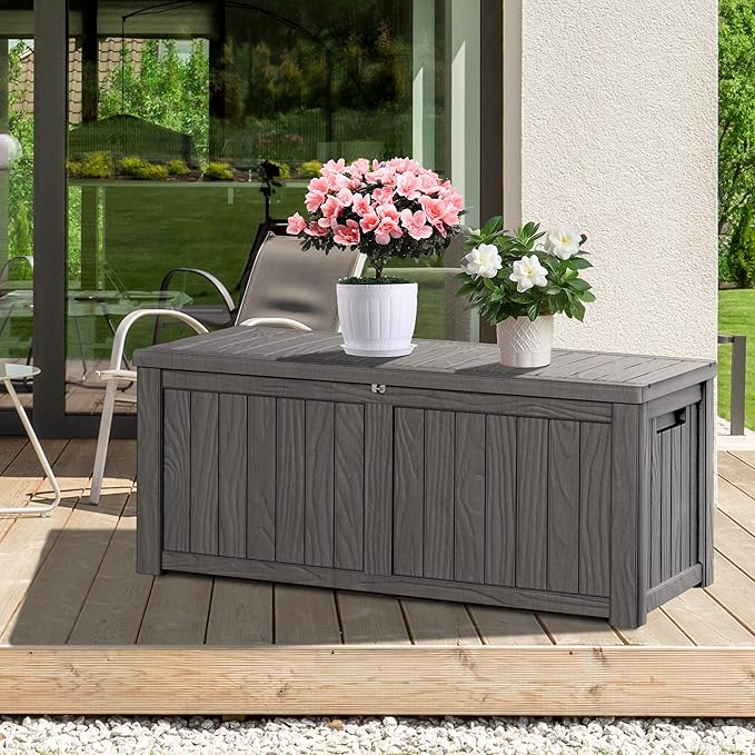150 Gallon Resin Deck Box, Waterproof Outdoor Storage Bin for Patio Furniture, Pool Accessories, and Garden Tools, Lockable & UV-Resistant, Grey-VerdiqueGarden