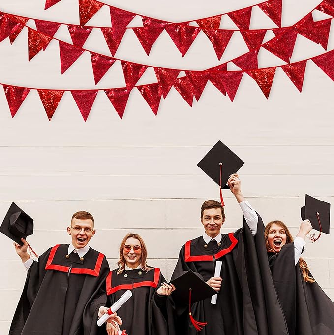 Red Party Decorations Double Sided Sequin Red Triangle Pennant Banner Flag Bunting Garland for Birthday Graduations Anniversary Wedding Engagement Bachelorette Valentines Bridal Shower Hen Party Decor-VerdiqueGarden