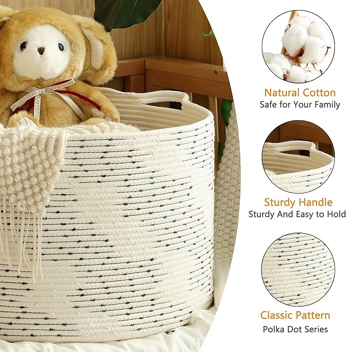 KAKAMAY Large Blanket Basket (20"x13"),Woven Baskets for storage Baby Laundry Hamper，Cotton Rope Blanket Basket for Living Room, Laundry, Nursery, Pillows, Off White with Blue & Brown Dotted Pattern-VerdiqueGarden