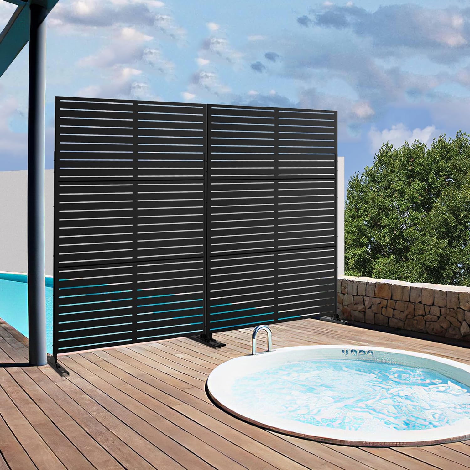 Metal Privacy Screen Outdoor 72" H×47" W,Freestanding Decorative Privacy Screen for Balcony Yard&Garden,Privacy Fence-Black&Louvered-VerdiqueGarden