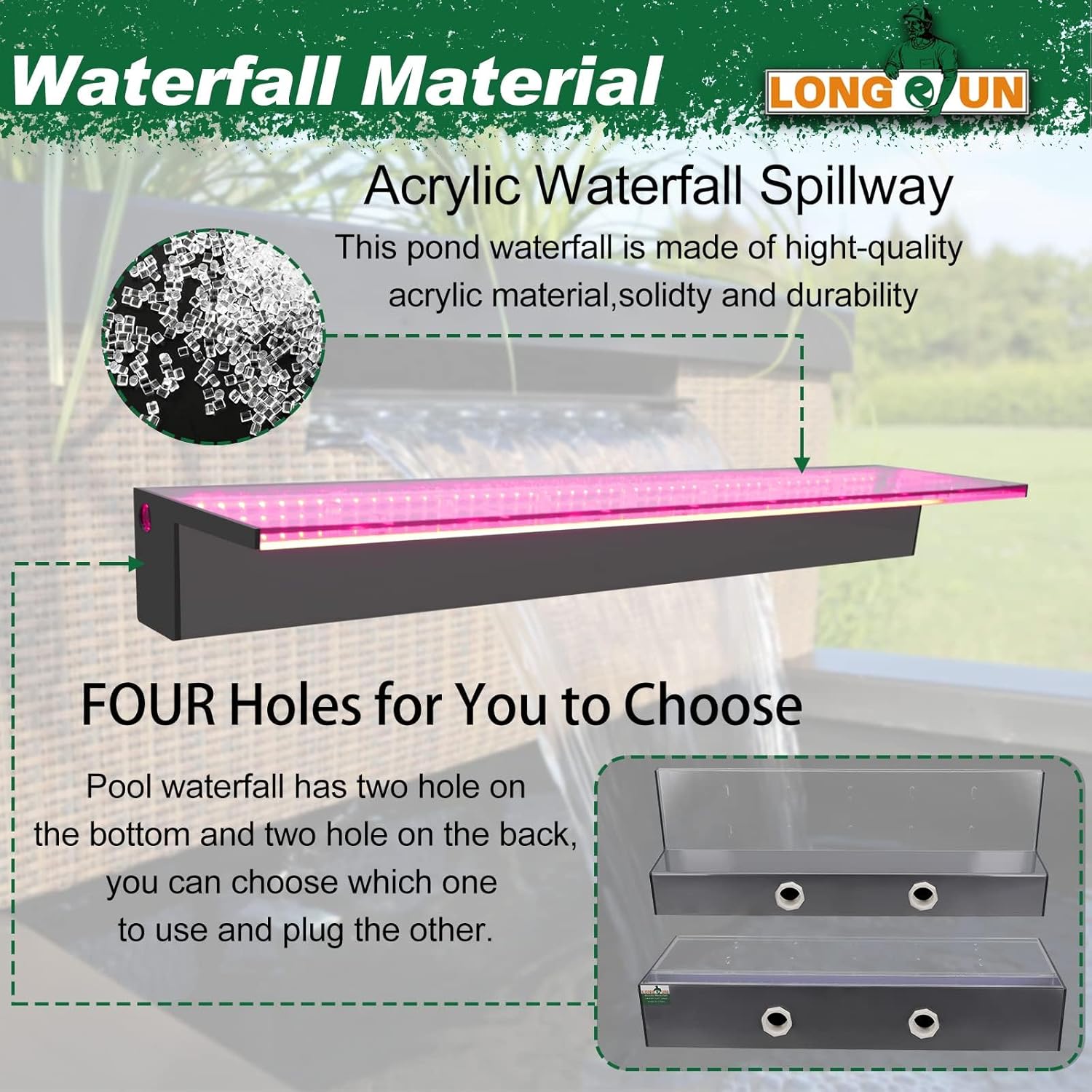 LONGRUN Acrylic Waterfall Spillway Multi-Color LED Light Pool Fountain, Water Spillway Outdoor Koi Pond Waterfalls Fountains Kit for Garden Koi Ponds Patio Swimming Pool Decoration-35.4"-VerdiqueGarden