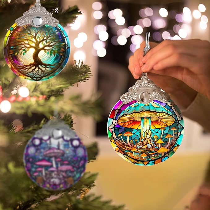 Stained Glass Suncatcher, Jocidea Mushroom Ornament, Christmas Ornaments, Holidays Ornaments, Christmas Tree Decor, Mushroom Decor for Home, Mushroom Gifts-VerdiqueGarden