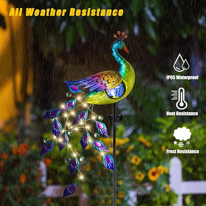 DREAMSOUL Solar Garden Lights Outdoor, Metal Peacock Decor Solar Lights Garden Stakes with Led String Lights, Waterproof Crackle Glass Ball Landscape Path Light for Lawn Patio-VerdiqueGarden