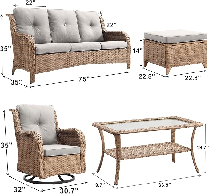 Outdoor Wicker Patio Furniture Set - 6 Piece Rattan Patio Conversation Set with 2 Rocking Swivel Chairs,2 Ottomans,1 Sofa and 1 Coffee Table for Porch Deck Backyard Garden(Yellow/Beige)-VerdiqueGarden