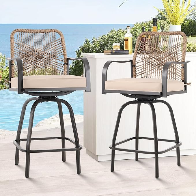 Outdoor Bar Stools Set of 4, Patio Swivel Counter Height Rattan Bar Stools, Patio Wicker Bar Swivel Chairs with Cushion, Outdoor Pool Bar Chairs for Backyard Garden Balcony w /360 Rotation-VerdiqueGarden