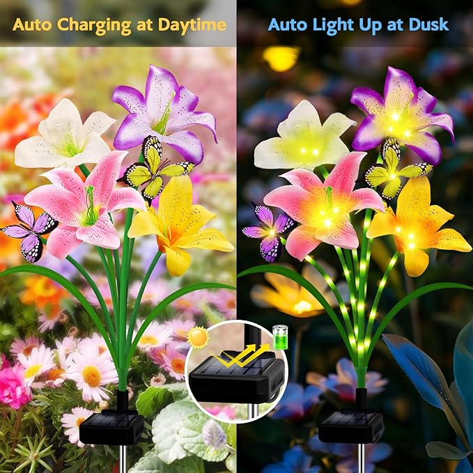 Solar Garden Lights 6 Pack 24 Lily Flowers with Butterfly Decor, Waterproof Solar Flower Lights for Outdoor - Upgraded Decorative Lilies for Yard, Patio, Pathway Decorations & Gardening Gifts-VerdiqueGarden