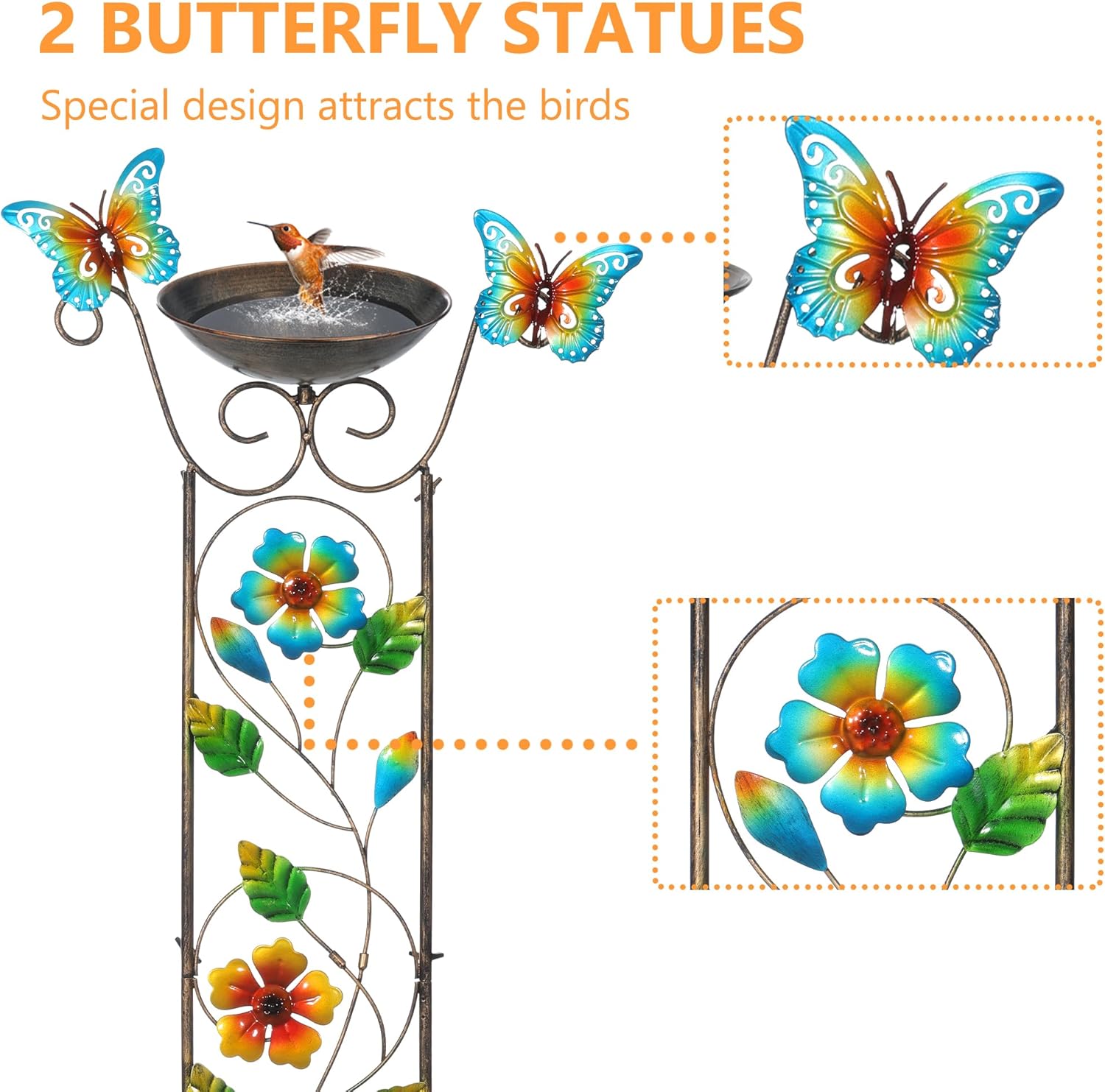 LEWIS&WAYNE Garden Trellis Bird Bath Outdoor, 40 Inch Antique Iron Garden Plant Trellis Decorative with Floral-Butterflies and Detachable Drinking Basin Bowl, Free Standing BirdBath Birdfeeder Station-VerdiqueGarden