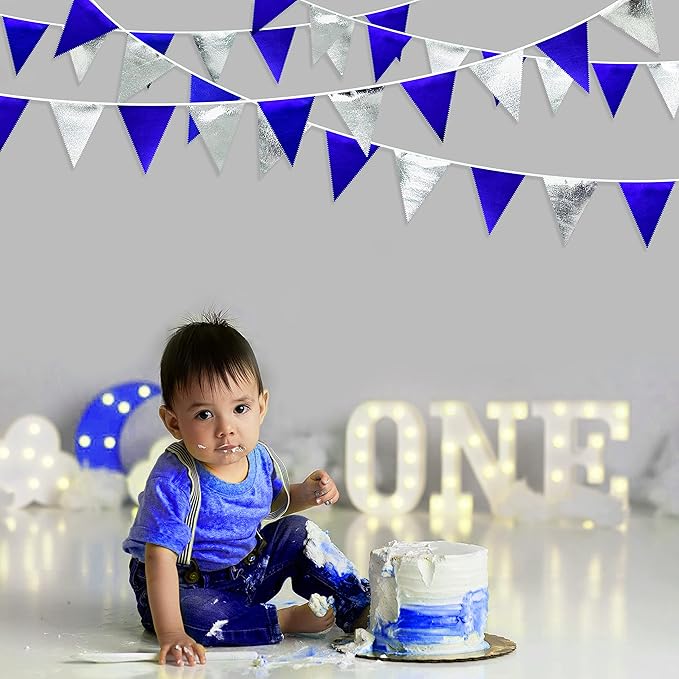 Royal Blue Silver Party Decorations Navy Blue Triangle Pennant Banner Flag Metallic Fabric Bunting Garland for Birthday Graduation Wedding Retirement Nautical Ahoy Achor Pirate Theme Party Supplies-VerdiqueGarden