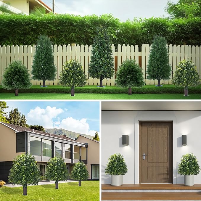 20" Artificial Boxwood Topiary Balls Trees with Ground Spike, 2 Pack UV Resistant Artificial Shrubs, Fake Evergreen Artificial Plant Brush for Indoor Outdoor Front Porch Garden-VerdiqueGarden