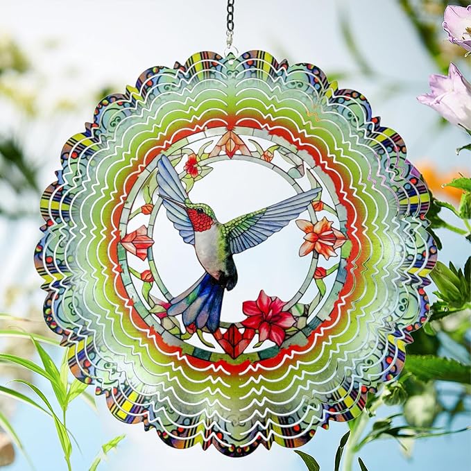 Metal Wind Spinners - Hummingbird 12 inch 3D Stainless Steel Hanging Wind Spinner Metal, Gifts for Women Mom Grandma Wife, for Indoor/Outdoor Decor, Yard Art, Garden Decoration-VerdiqueGarden