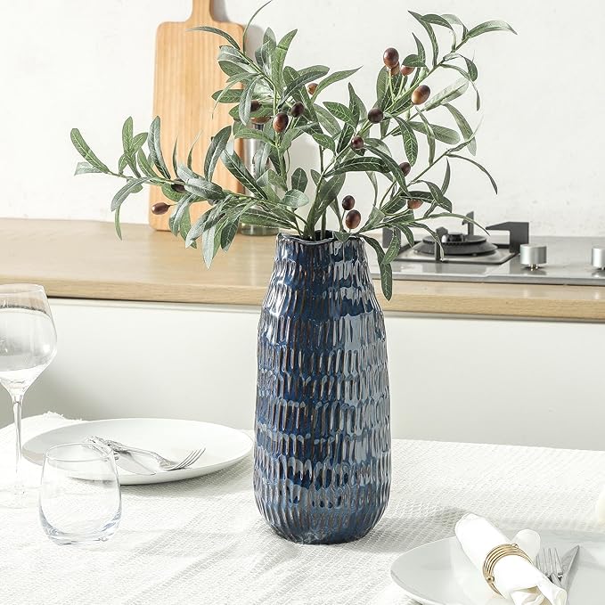 Blue Ceramic Vase for Home Decor, 12.6 Inch Tall Flower Vase with Modern Textured Finish,Decorative Floor Vase for Pampas Grass, Entryway, Living Room, Dining Table, Farmhouse or Office-VerdiqueGarden