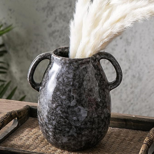 Ceramic Modern Farmhouse Vase with 2 Handles, Black Ceramic Vases for Home Decor, Rustic Pottery Vase, Decorative Terracotta Flower Vase, Boho Clay Vase for Table Living Room Shelf Mantel Decor-VerdiqueGarden