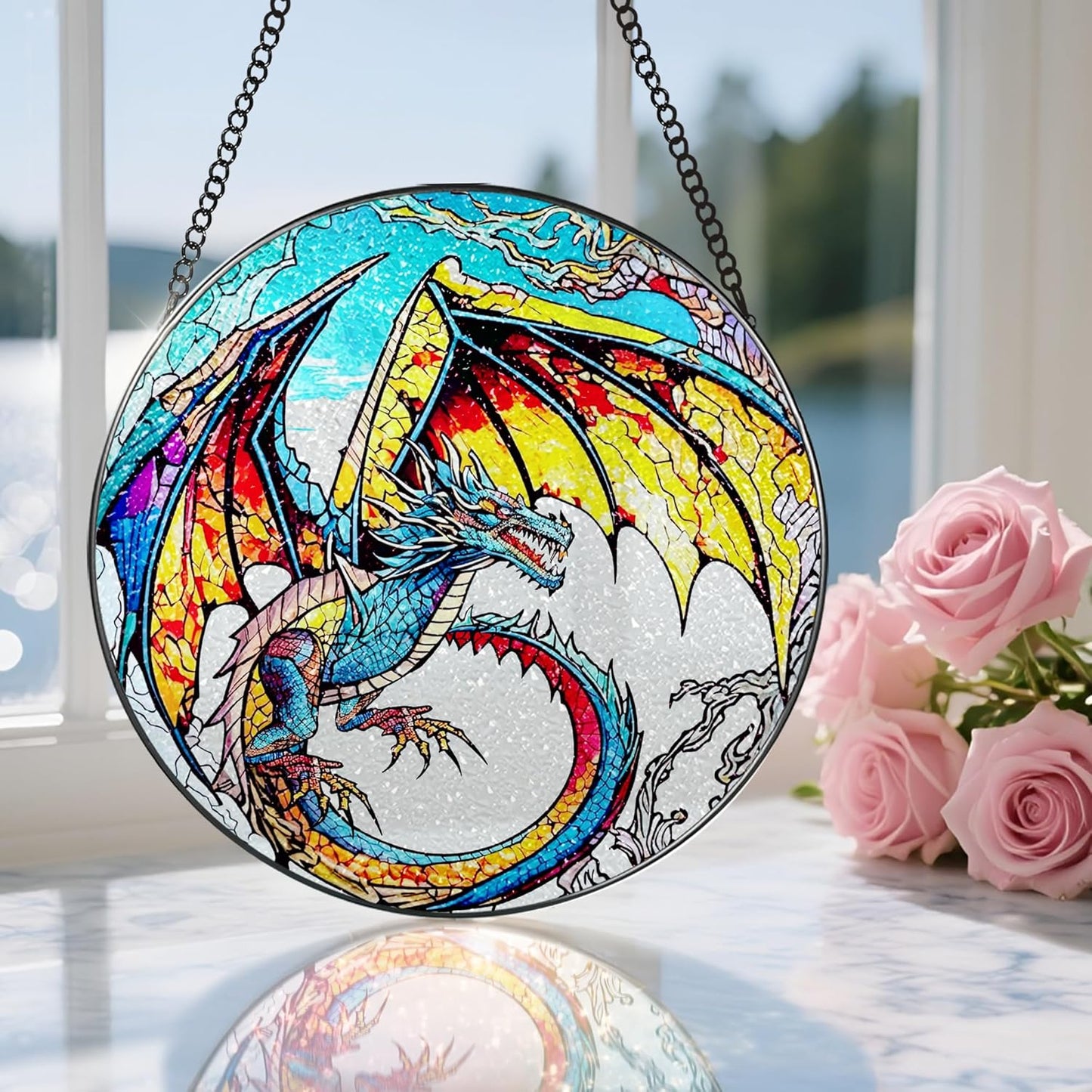 Stained Glass Window Hanging, Stained Glass Suncatcher, Dragon Sun Catcher, Window Decor, Dragon Lover Gift, Gifts for Fathers Day, Christmas or Birthday Gift, Gifts for Him Dad Grandfather Son-VerdiqueGarden