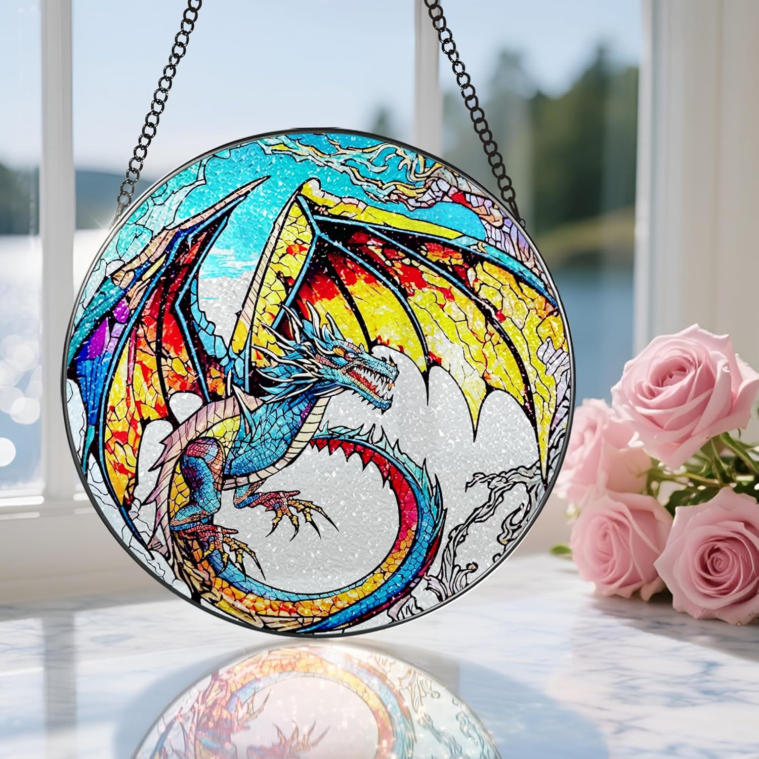 Stained Glass Window Hanging, Stained Glass Suncatcher, Dragon Sun Catcher, Window Decor, Dragon Lover Gift, Gifts for Fathers Day, Christmas or Birthday Gift, Gifts for Him Dad Grandfather Son-VerdiqueGarden