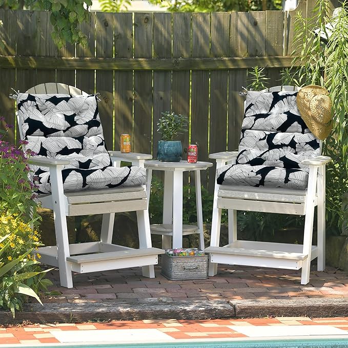 LVTXIII Outdoor Seat/Back Chair Cushion Patio Tufted High Back Cushion, Seasonal Replacement Rocking Chair Cushion with Ties (44” L x 22W”, Set of 2, Black Lush Leaf)-VerdiqueGarden