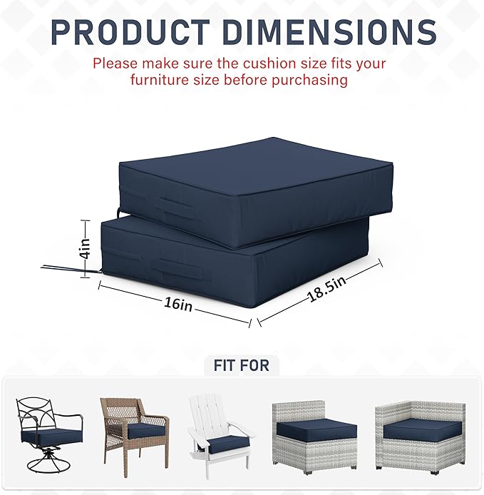 Patio Chair Cushions 18.5 X 16 X 4 Inch Waterproof Outdoor Seat Cushions for Patio Furniture, Outdoor Sofa Couch Pads with Ties & Handle, Set of 2, Navy Blue-VerdiqueGarden