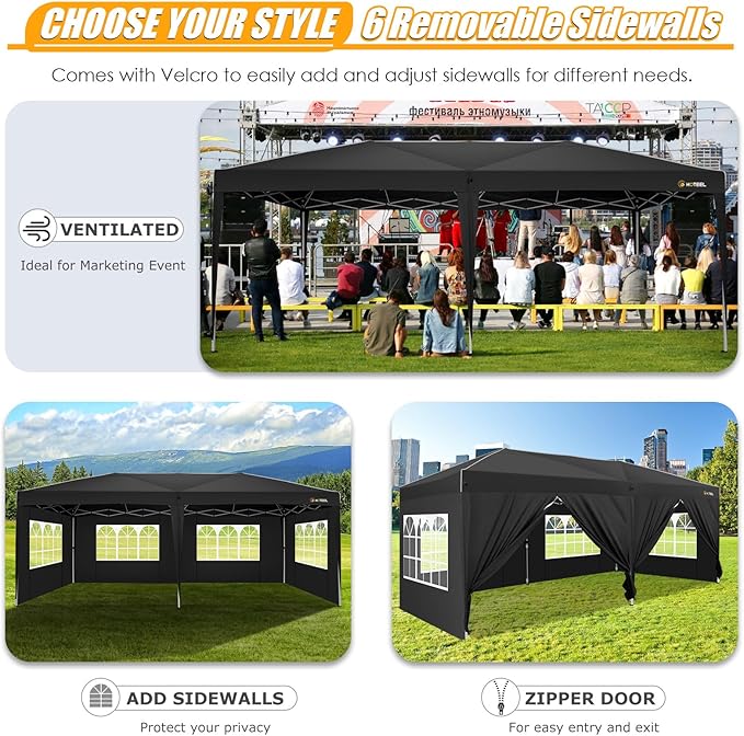 HOTEEL 10x20 Pop up Canopy with 6 Sidewalls, One Push Instant Setup Outdoor Canopy Tent with Reinforce Rod, Weight Bag, for Parties, Events, Black-VerdiqueGarden