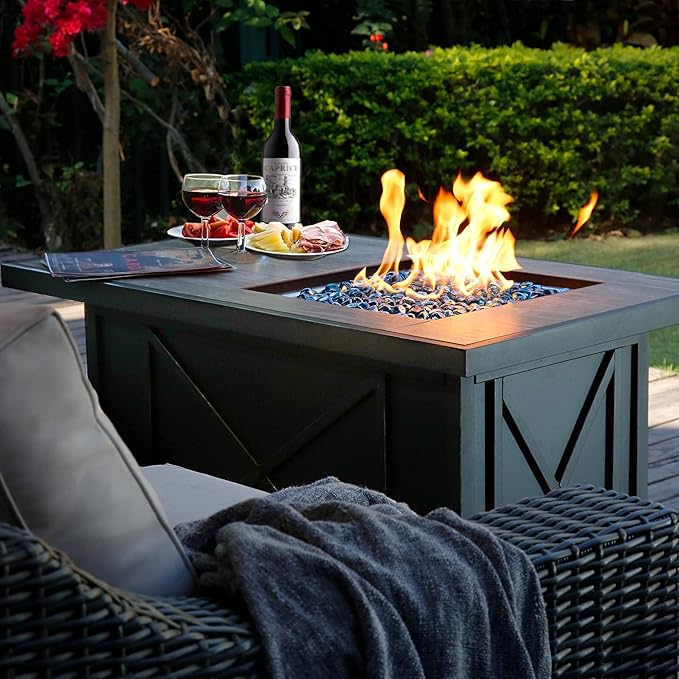 BALI OUTDOORS 42 inch 50,000 BTU Rectangular Propane Gas Fire Pit Table with Fire Glass and Table Lid, Fire Pits Outdoor for Garden, Patio, Backyard-VerdiqueGarden