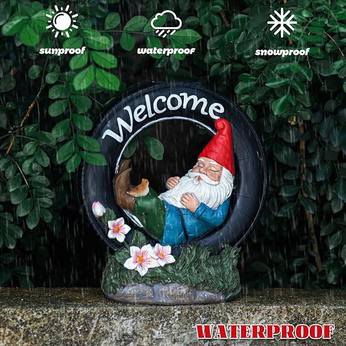 WONDER GARDEN Gnome Garden Decor for Outside - Welcome Gnome Solar Powered LED Light Outdoor Decor, Gnomes Statues Outdoor Funny Resin Garden Sculpture Decorations for Patio, Lawn-VerdiqueGarden