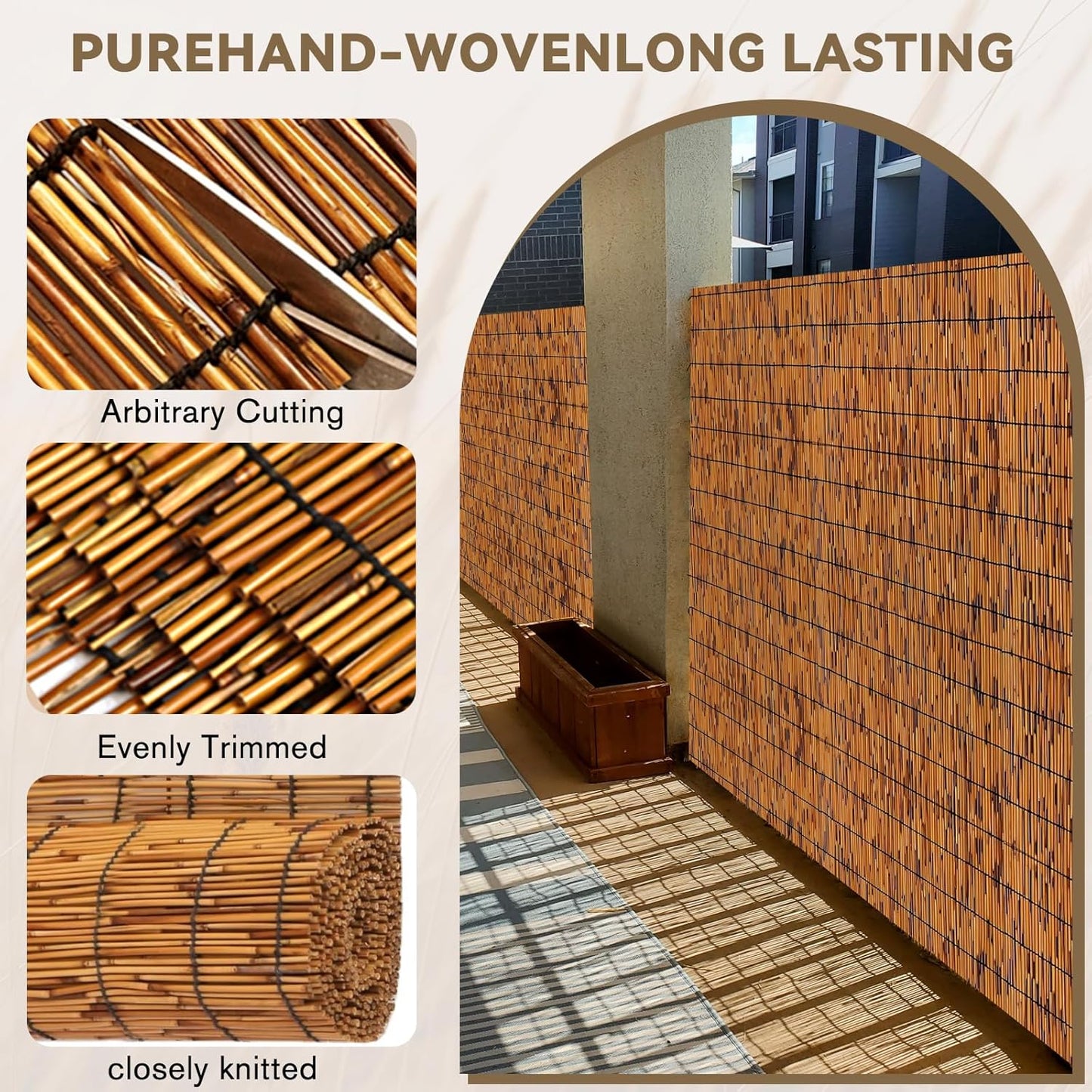 Bamboo Reed Fencing, Light Russet Bamboo Screens Outdoor for Patio, Decorative Balcony Privacy Screen Reed Fence Rolls Curtains for Garden Backyard, 3 x 6.6 FT-VerdiqueGarden