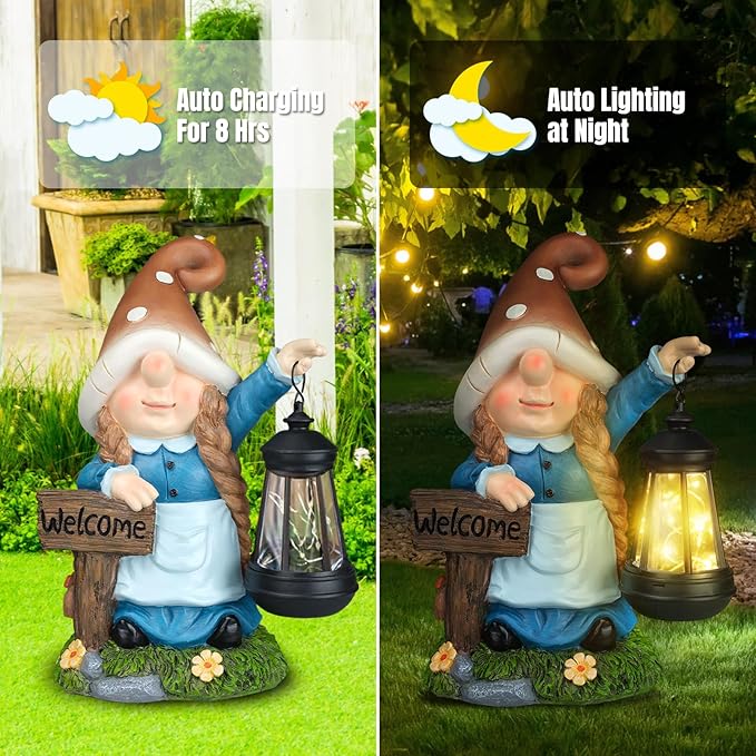 Solar Large Gnome Garden Statue with Welcome Sign Outdoor Decor with LED Lantern Funy for Porch Yard Patio Lawn Ornament Christmas Housewarming Gardening Gift-VerdiqueGarden