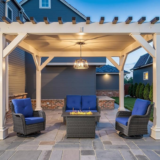 4 Piece Patio Furniture Set with Fire Pit Table - 41inch 50000 BTU Propane Fire Pit Table with High Back Loveseat Glider Chair and 2 Swivel Rocker Chair for Casual Gathering-VerdiqueGarden