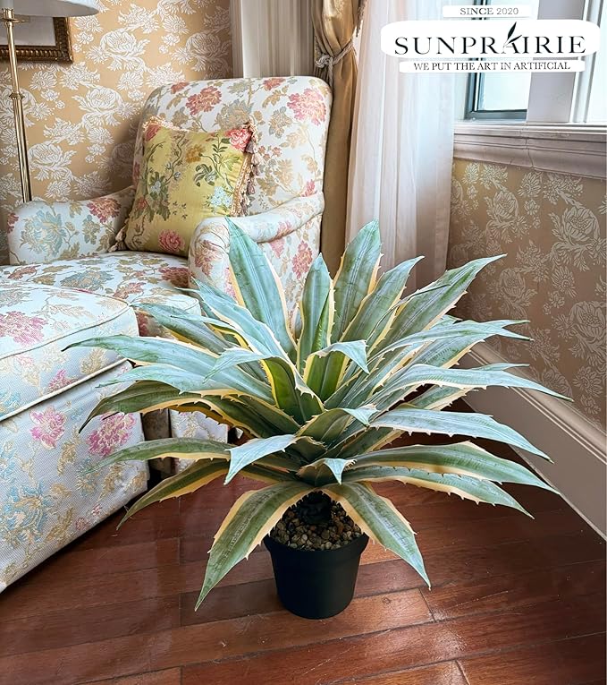SUNPRAIRIE 32 Inch Tall Large Faux Agave Plant with Two-Tone Sawtooth Edged Leaves; Planted in Black Pot with Real Stone Pebbles. Large Artificial Plants Indoor and Outdoor.-VerdiqueGarden
