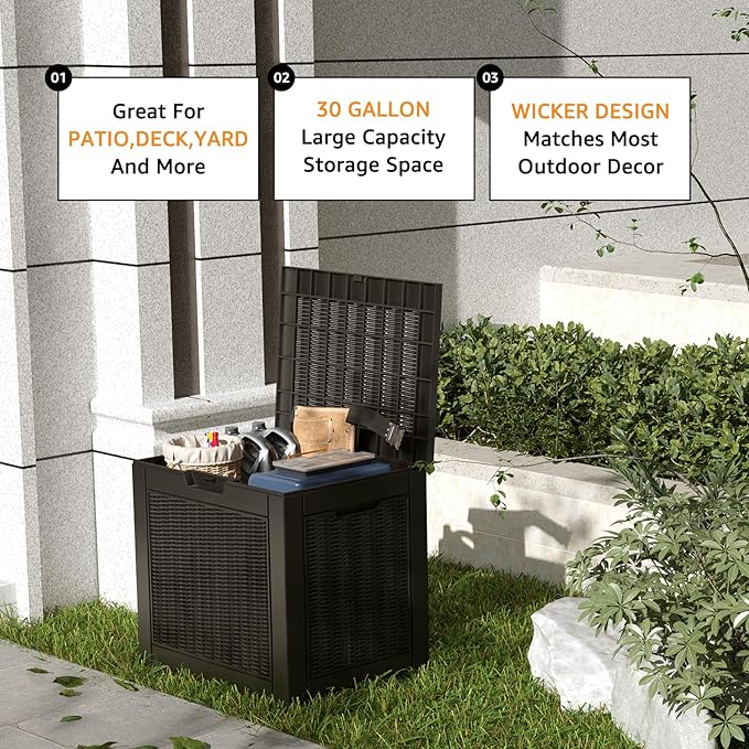 DRATO 31 Gallon Deck Box, Outdoor Storage Box for Patio Cushion, Sports Equipment, Garden Tools, Waterproof Resin Storage Box (Black)-VerdiqueGarden